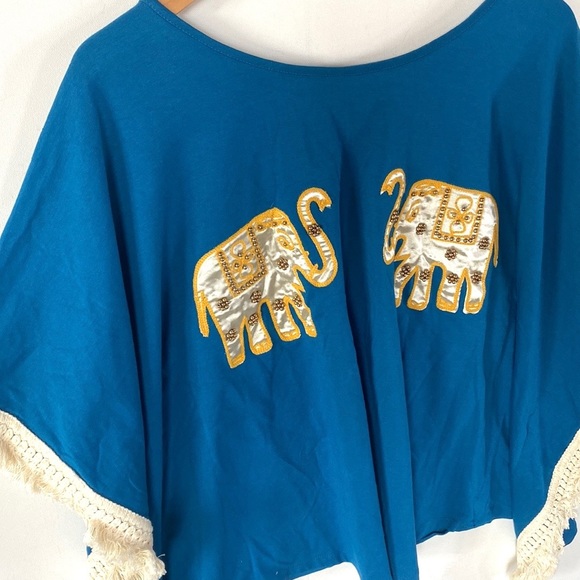 VaVa Appliqued Elephant, Blue Tunic Top, Angel Sleeve Poncho with Fringe, Size M - Picture 2 of 8